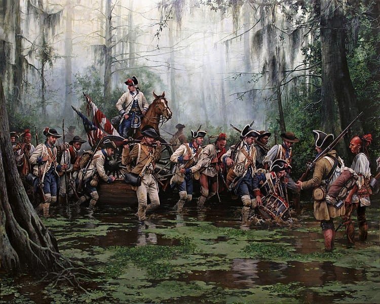 Obra titulada La Marcha de Gálvez, donde se muestran las penurias sufridas por la expedición militar de Bernardo de Gálvez en las ciénagas del sur de EE.UU. rumbo a asaltar los fuertes británicos de Machac y Baton Rouge durante la Guerra de Independencia de los Estados Unidos.